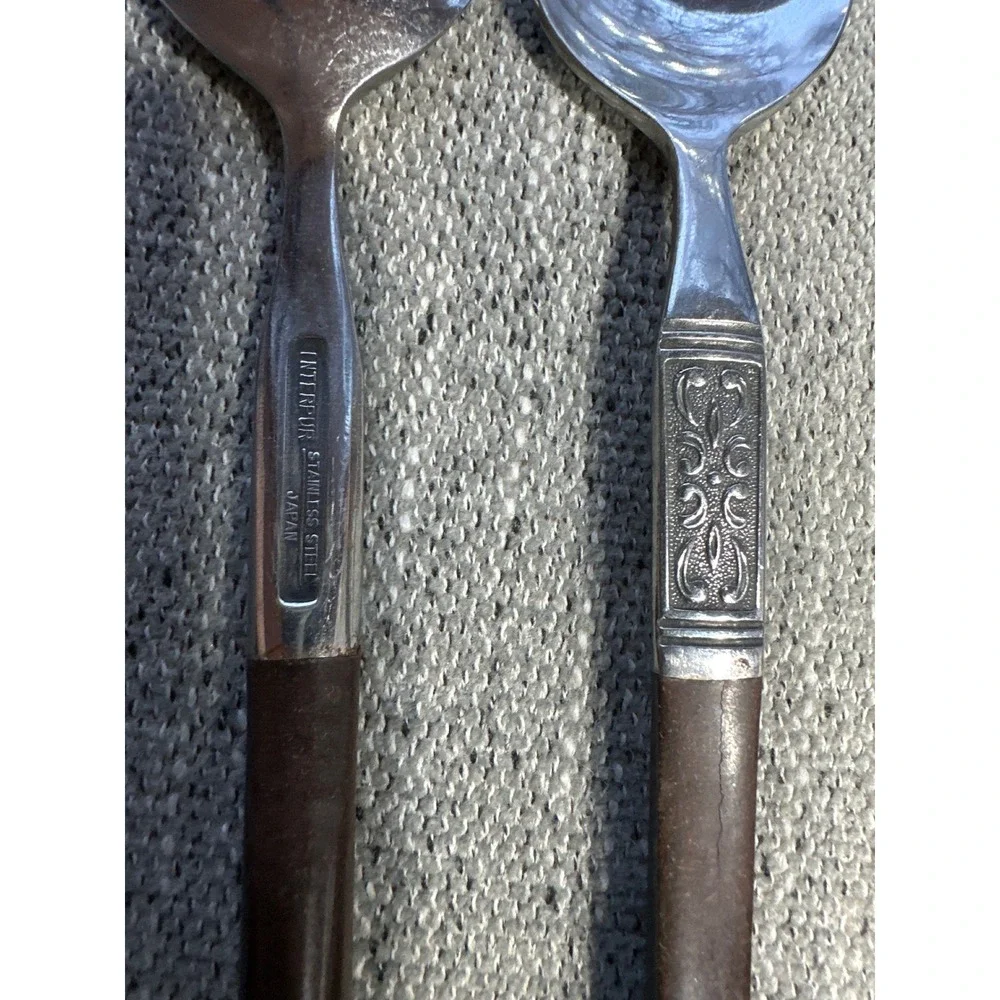 Vintage Interpur Japan Stainless Steel Spoons Brown Faux Wood‎ Set of 3 MCM